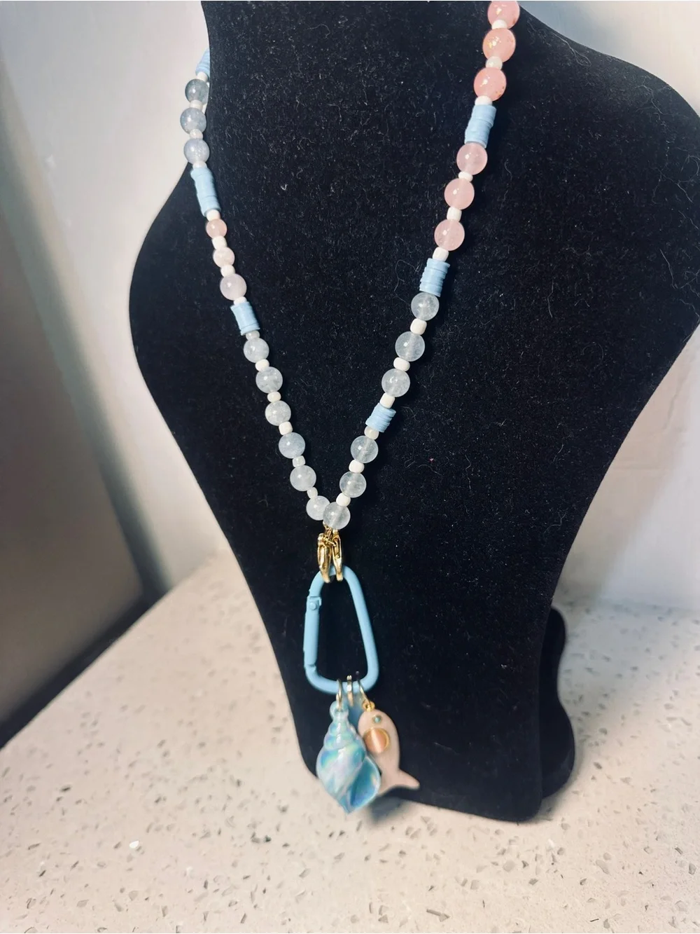 Pastel Sea Charm Beaded Necklace with Blue Carabiner Accent